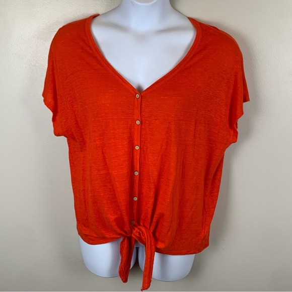 Rachel Zoe Womens 100% Linen Top Button Up Red Orange Tie Hem‎ Bohemian - Picture 1 of 8
